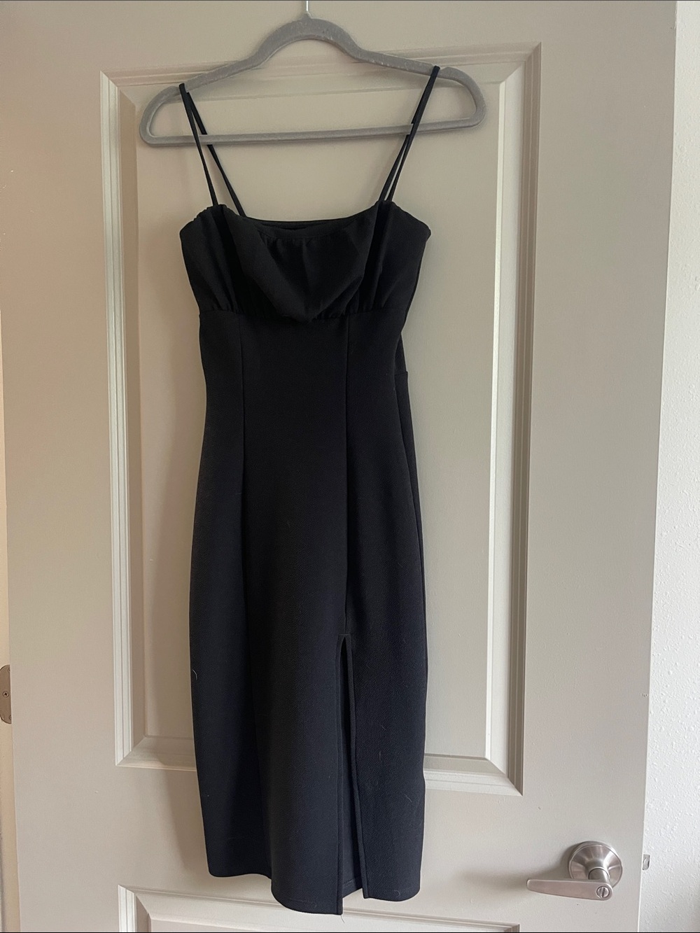 Divided Black Spaghetti Strap Midi Dress with Front Slit